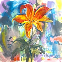 an abstract painting of an orange lily